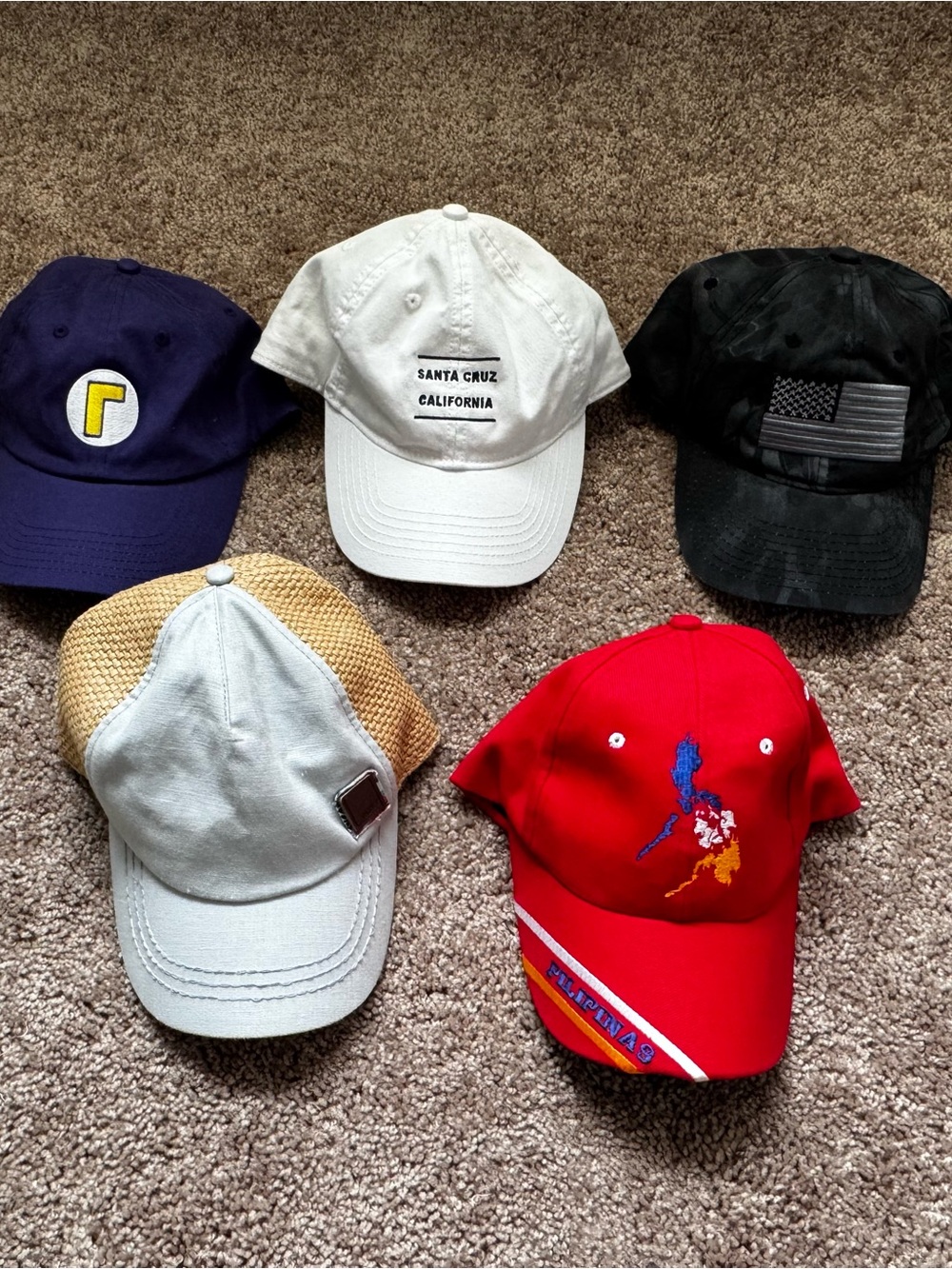 Bundle 5 Baseball Caps- Velcro & dad hat, flag camo, Roxy, Super Mario Bros, etc